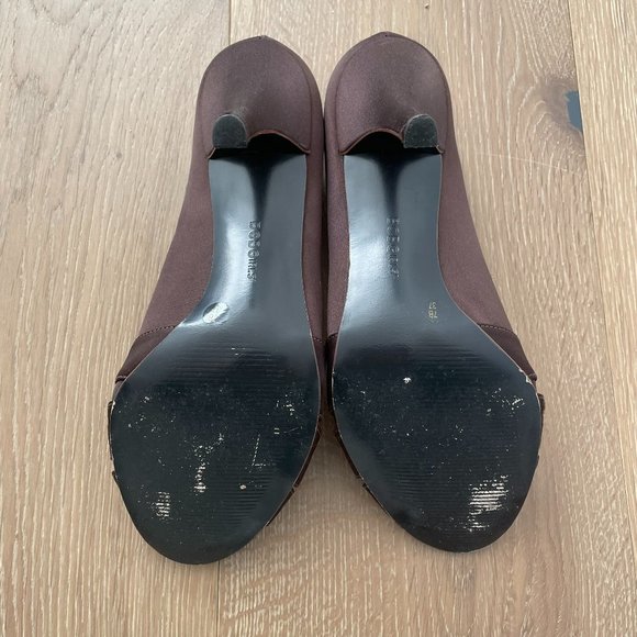 BCBG Womens 7 Heels Brown Satin Peep Toe Formal Dressy Crystal Amber Gold - Picture 7 of 14